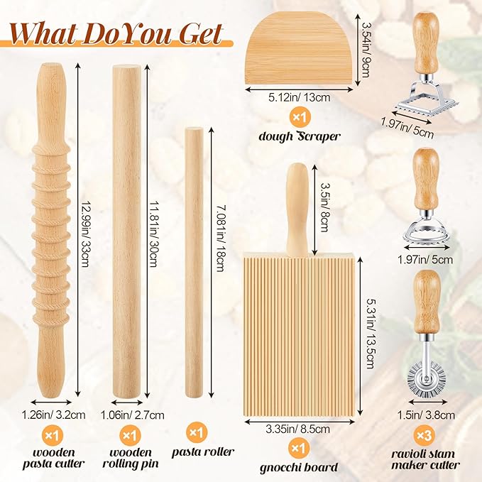 Tioncy 9 Pcs Pasta Making Tool Ravioli Gnocchi Maker Set Include Ravioli Mold Wooden Cutter Rolling Pin Gnocchi Board Wood Stick Dough Scraper Pasta Stamps(Simple Style)