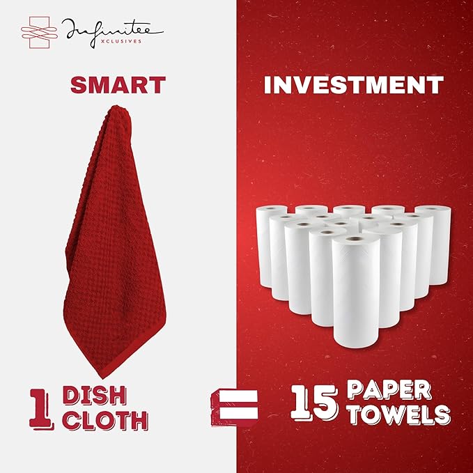 Infinitee Xclusives Premium Dish Cloth 100% Cotton 12 x 12 Inches |Pack of 4| - Ultra Soft Tea Towels - Highly Absorbent Kitchen Rags - Terry Dishcloth for Kitchen and Household Cleaning |Red|