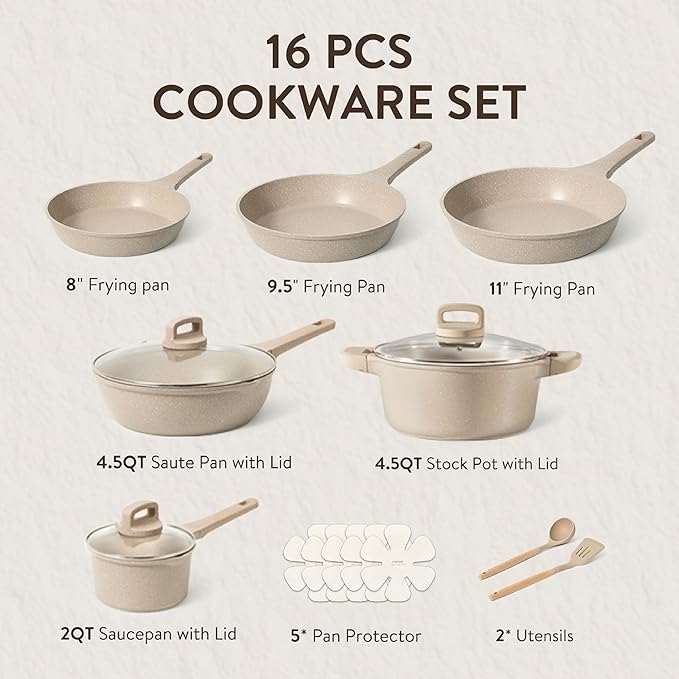 CAROTE 16 Pcs Pots and Pans Set Nonstick, Induction Kitchen Cookware Sets, Non Stick Kitchen Cooking Set with Frying Pans Set