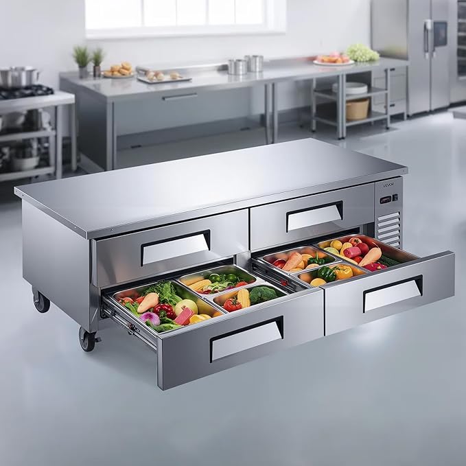 VEVOR Chef Base Refrigerator, 72" W Commercial Chef Bases Worktop Refrigerators, 4-Drawer Under Counter Fridge with 12 Pans Stainless Steel, Heavy-Duty Refrigerated Base, Invisible Door Handle