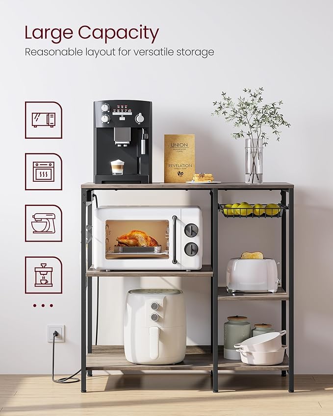 VASAGLE Baker's Rack, Coffee Bar Stand with Charging Station, Storage Shelves, Pull-Out Wire Basket, Table for Microwave, Kitchen, Greige UKKS036K02, 15.7 x 35.4 x 35.6 Inches