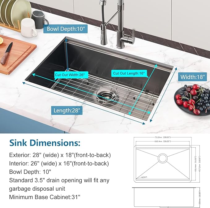 28 inch Gunmetal Black Undermount Kitchen Sink, HausinLuck 16 Gauge Stainless Steel Undermount Workstation Kitchen Sink Handmade 10 inch Deep Single Bowl Sink with Ledge and Accessories (Pack of 5)