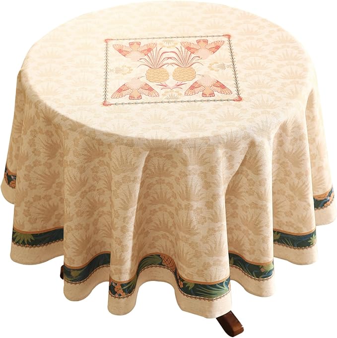 patdrea Designer Orange Tablecloth for Round Tables,Pineapple Tree Pattern Linen Tablecloth,Tropical Style Fruit Table Cover Cloth Decor for Kitchen Dining Christmas,Diameter 55"