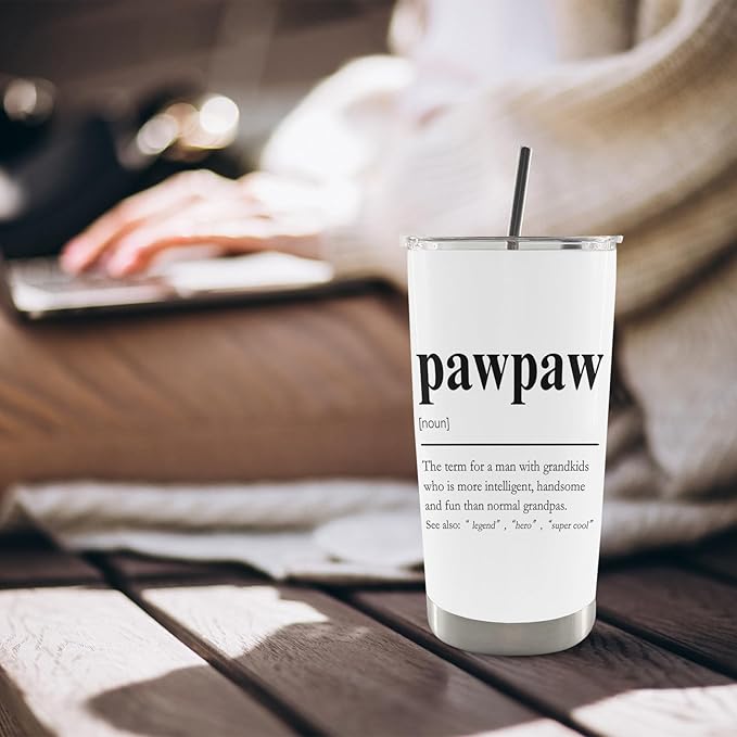 QASHWEY Pawpaw Gifts Coffee Tumbler - Grandpa Paw Paw Gifts from Grandkids Travel Tumbler Coffee Mug, Gift for Pawpaw Fathers Day, Pawpaw Definition Stainless Steel Tumblers with Straw and Lid 20 oz
