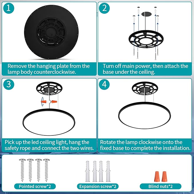 24 Inch Flush Mount Ceiling Light Fixture Dimmable with Remote Control, 56W, 5600 Lumen, Modern, Round, Black, for Kitchen, Dining Room, Bedroom, Living Room, Home Office