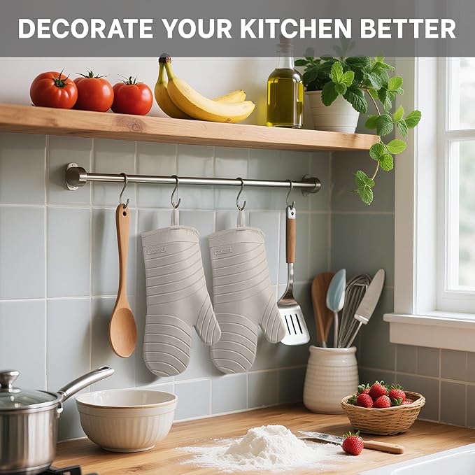 Beneno Premium Silicone Oven Mitts 2-Pack Heat Resistant 500°F, Soft Flexible Non-Slip Grips, BPA-Free & Waterproof Oven Mitts with Comfort Cotton Lining for Baking, Grilling, Cooking, 7"x13", Beige