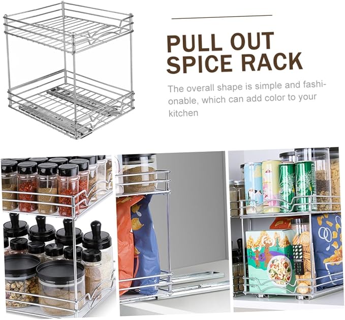 Healifty Heavy Duty Double Pull Out Spice Organizer Rack Slide Out Kitchen Countertop Storage Stand Metal Construction Space-saving Seasoning Holder for Cabinet and Home Use