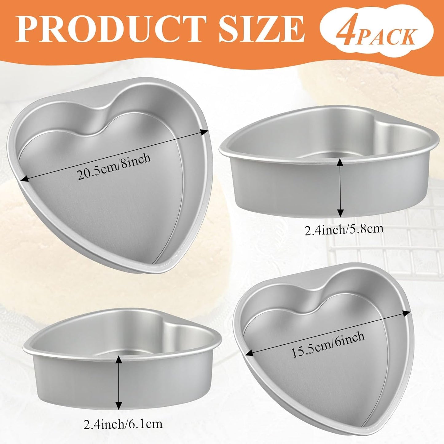 4Pcs Heart Shaped Cake Pans with Removable Bottom, 6" and 8" Aluminum Heart Cake Mold, Baking Pan Cheesecake Pan for Oven Baking Wedding Birthday Anniversary