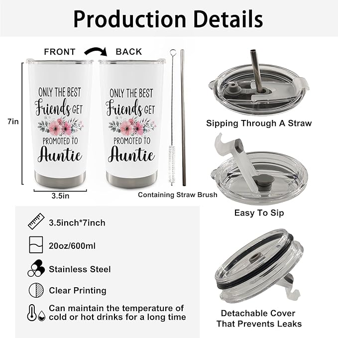 QASHWEY Auntie Gifts Coffee Tumbler 20 oz, Best Aunt Travel Tumbler Coffee Mug Gifts for Friends, Aunt Auntie Gifts from Niece Nephew, Promoted to Auntie Stainless Steel Tumbler with Straw and Lid