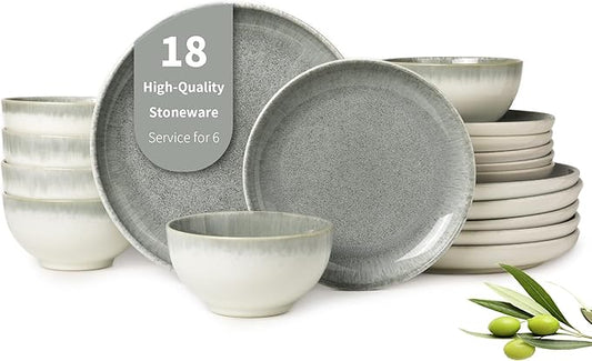 Ceramic Dinnerware Sets for 6, 18 Pieces Stoneware Plates and Bowls Sets, Chip and Stain Resistant Modern Dishes, Dishwasher & Microwave Safe Dinner Set, Gradient Green