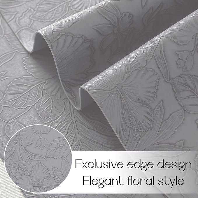 Romanstile Vinyl Placemats Set of 4-12 X 18 Inch - Heat Resistant Non-Slip Embossed Floral Place Mats 100% Waterproof Oilproof Wipeable Faux Leather Table Mats for Kitchen/Dining/Party, Grey