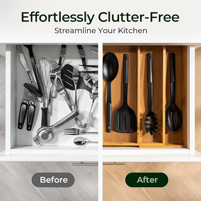 Carbonized Bamboo Kitchen Drawer Organizer, 5 Slots Expandable Silverware Organizer, Utensil Holder & Cutlery Tray, 2.2" Deep for Extra Capacity, Non-Slip Feet Included