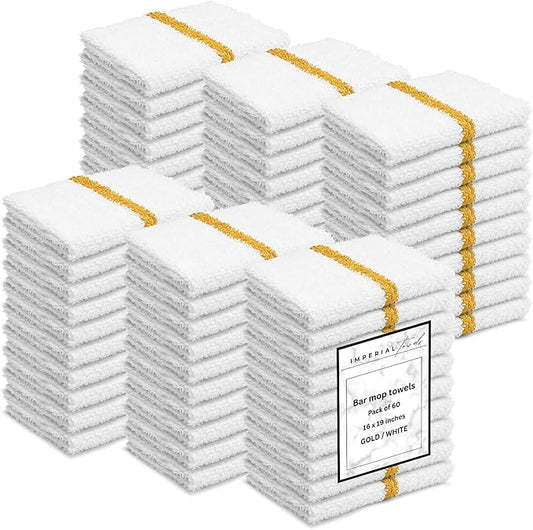 Bar Mops Gold Stripe Pack of 60 Kitchen Towels 16x19 Multi-Purpose for Home, Restaurant and Cleaning White Absorbent Washcloth Dishcloths Sets, Reusable Dish, Cloths Rags