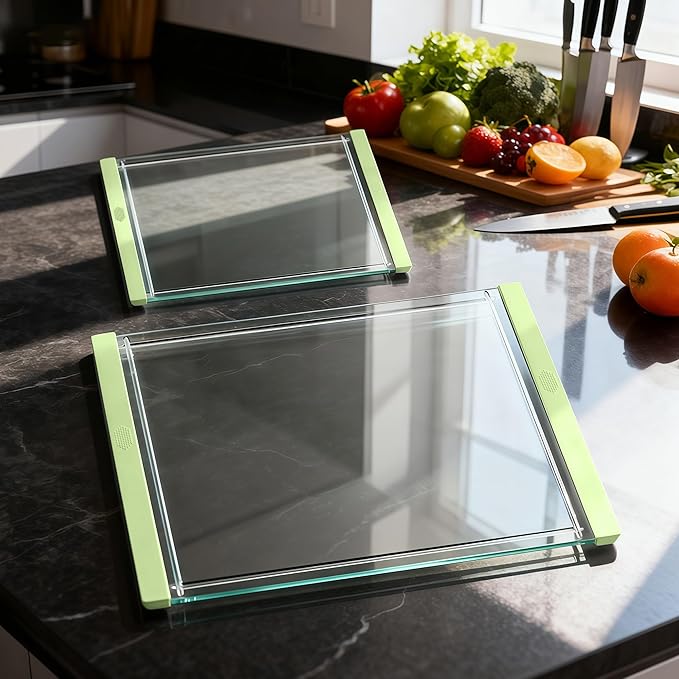 Tempered Glass Cutting Board Set for Kitchen Counter - Dishwasher Safe with Juice Grooves, Non-Slip Silicone Edges & Beveled Grip - 16"x12" & 12"x8" Serving Tray (Green)