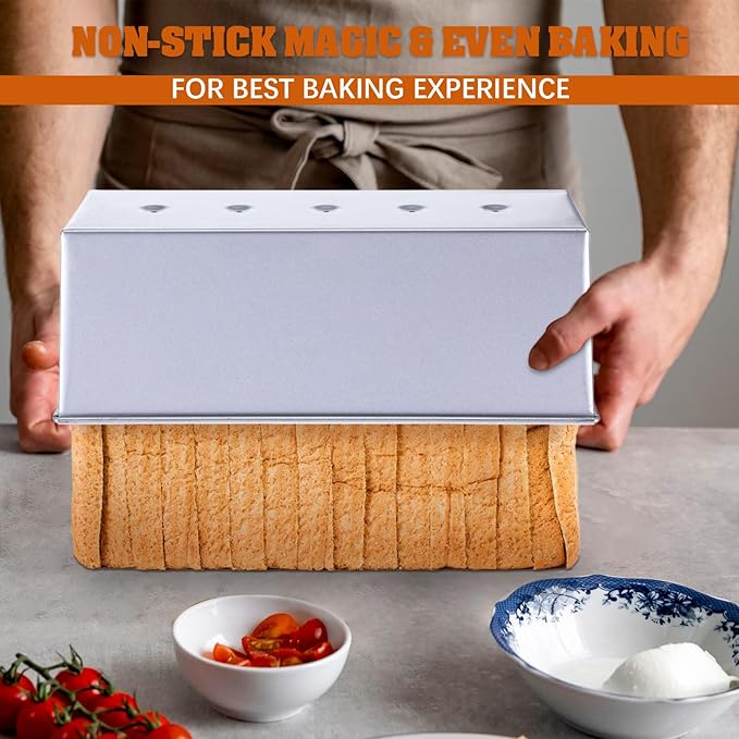 2 Pack Pullman Loaf Pan with Lid, 13x4 Inch Large Capacity Bread Loaf Pan with Cover, Non-Stick Bakeware for Baking and Toasting
