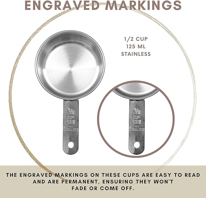 1/2 Cup Stainless Steel Measuring Cup | Sturdy Metal 125 ml | 125 cc | 4 oz | Single Cup for Wet and Dry Ingredients | Great for use as 1/2 Cup Dog Food Scoop - 12 PK