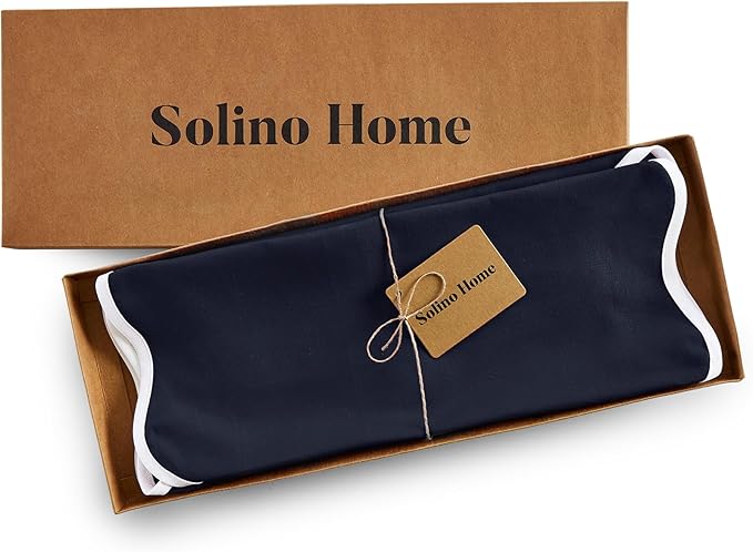 Solino Home Linen Scallop Cloth Placemats Set of 4-100% Pure Linen White and Navy Round Placemats 16 Inch for Fall, Autumn, Holiday, Winter - Giselle Scallop Edge, Handcrafted and Machine Washable