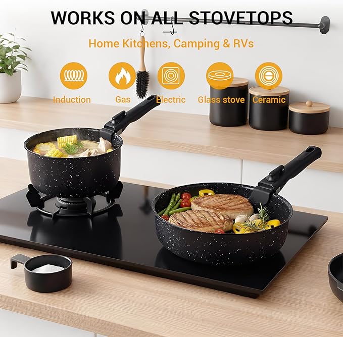 Ammeloo 21 Pcs Pots and Pans Set Non Stick, Ceramic Kitchen Cookware Set with Detachable Handle, Non Toxic Cooking Set for Kitchen, RV, Camping and Fridge, Induction Ready, Dishwasher/Oven Safe, Black