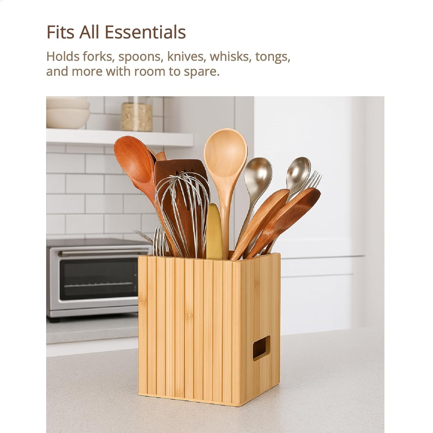 Fluted Bamboo Utensil Holder 6.5 Inch, Natural Kitchen Crock for Countertop, Modern Spoon and Spatula Organizer for Utensil Storage