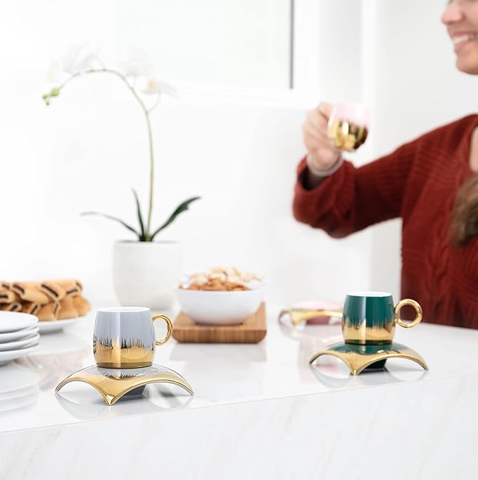 Turkish Coffee Cup Set of 6 with Saucers & Tray - Luxury Arabic Greek Japanese Marble Ceramic Tea Cups for Espresso Cappuccino Latte Mocha, Ideal Gift - 6.7oz,- Assorted Colors