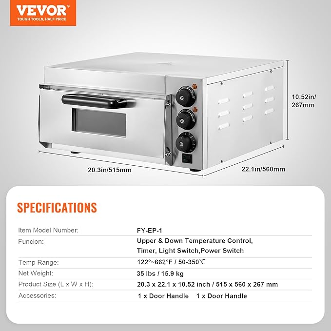 VEVOR Commercial Pizza Oven Countertop, 16" Single Deck Layer, Stainless Steel Electric Pizza Oven with Stone and Handle, Multipurpose Indoor Pizza Maker for Restaurant Home Pretzels Baked