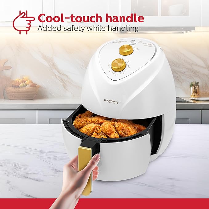 Holstein Housewares 4.8QT Air Fryer Golden Elegance. Hot Air Technology & PFOA Free Non Stick Coating for Less Oil Use with Led Display. No Pre Heating, Fry, Bake, Grill and Roast. White & Gold