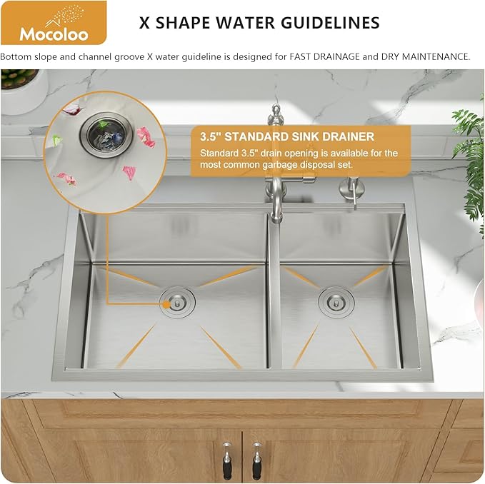 Mocoloo 33 Inch Drop In Kitchen Sink - 33 x 22 Drop In Double Bowl Kitchen Sink 16 Gauge 60/40 Topmount Stainless Steel Sinks Handmade, 33''x22''x10'' Above Counter with Offset Drainer