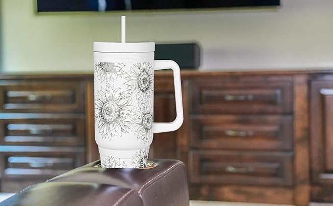 Engraved Sunflower 40oz Insulated Tumbler with Handle, Lid & Straw - Use for Water, Tea, Coffee & More-Disabled USMC Vet Owned Small Business - Sunflower 40oz Tumbler