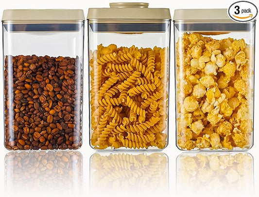 Airtight Food Storage Containers with Pop-Top Lids, 3 Pcs Stackable Plastic Canisters for Kitchen Pantry Organization, BPA-Free, Ideal for Cereal, Snack, Flour, Sugar, and Dry Food, 1.54qt*3