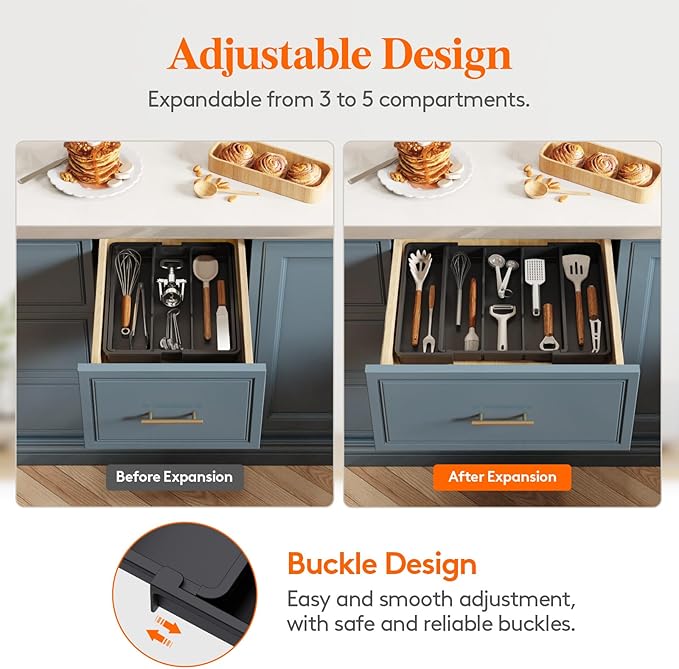 Lifewit Cooking Utensil Drawer Organizer, Expandable from 11 to 18 inches, Adjustable Cutlery Silverware Tray, Plastic Flatware Spatula Holder, Kitchen Tools Gadgets Storage Divider, Black