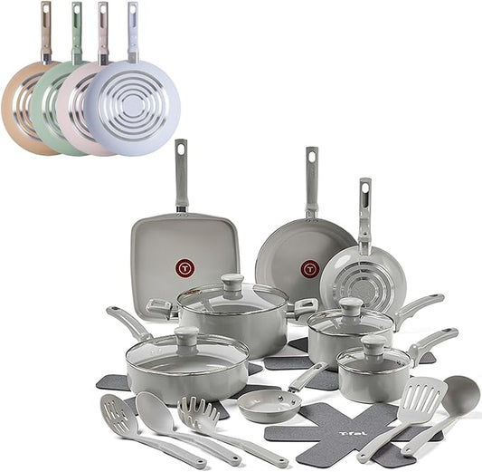 T-Fal Refresh Ceramic Pots and Pans Set, 20-Piece Nonstick Cookware Set, Stockpot, Griddle, Frying Pans, Utensils, Moon Grey
