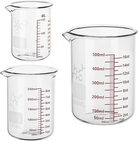 3 Piece High Borosilicate Glasss Liquid Measuring Cups, Includes 150ml(5OZ),250ml(8OZ),and 500ml(16OZ), Dishwasher, Freezer, Microwave, and Preheated Oven Safe, Essential Kitchen Tools