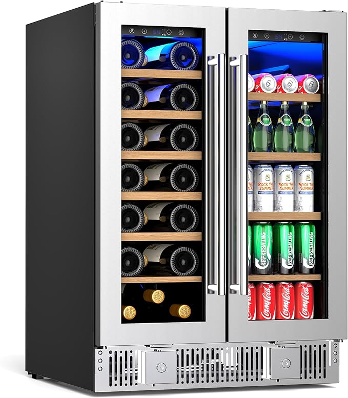 Antarctic Star 24-inch Wine & Beverage Refrigerator with LED Light & Door Lock, Dual-Zone Glass Doors, Smart Touch Panel, 21 Bottles & 88 Cans, Built-in/Freestanding for Home/Offices/Kitchen