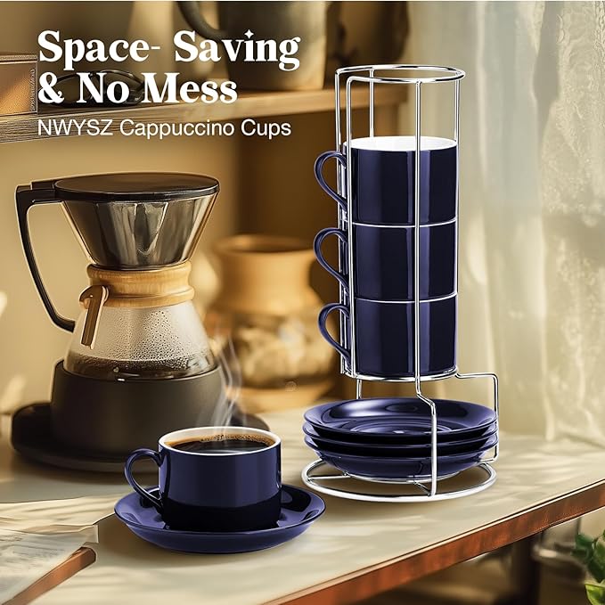 8 Ounce Blue Porcelain Stackable Cappuccino Cups with Stainless Steel Holder, Set of 4, Durable Ceramic, Perfect for Home, Office or Gift