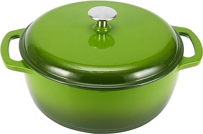 Amazon Basics Cast Iron Dutch Oven Pot with Lid, Enameled, Round, Dual Handles, Heavy-Duty, Medium, 6-Quart, Green