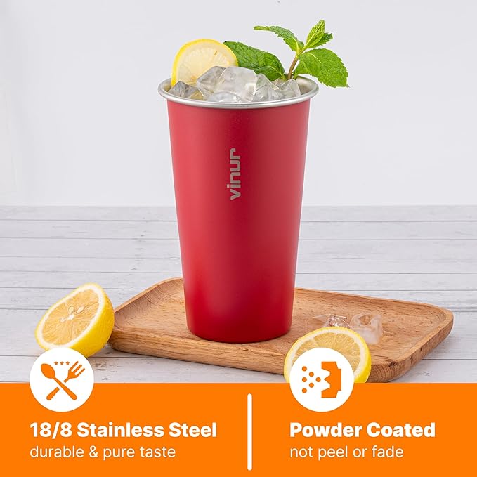 VINUR 20 oz Stainless Steel Cups 4 Pack Pint Tumbler Stackable Metal Drinking Glasses for Travel, Camping, Outdoors (Purple-Orange-Sky Blue-Canyon Red)