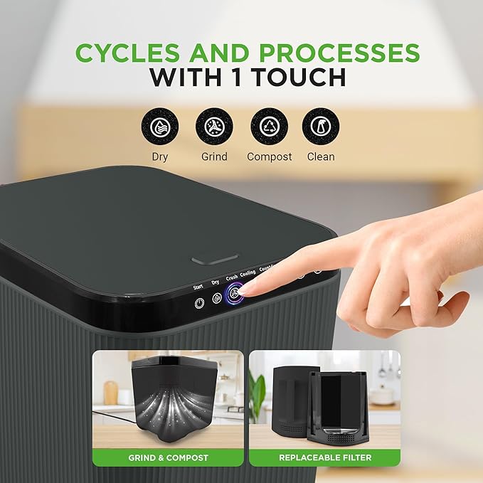 Nutrichef 3L Electric Kitchen Composter - Compost’s Organic Material & Food Scraps | Countertop Automatic Compost Bin | Dry, Crush, & Cooling Functions | Perfect for Kitchens & Apartments | Grey