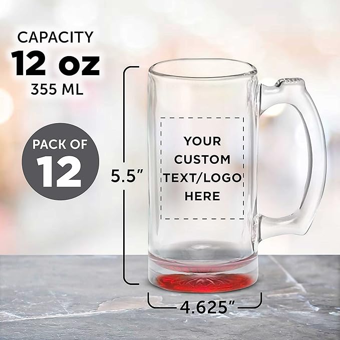12 Libbey Beer Mugs Set, 12 oz. - Customizable Text, Logo - Groomsmen Glassware - Red