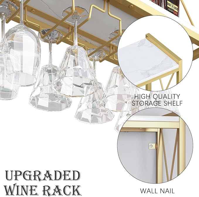 Dokser Wine Rack Wall Mounted Shelf - 2 Tier, Rustic Wood & Industrial Iron Frame Wine Bottle Holder for Kitchen, Dining Room, Home Bar Decor (Gold)