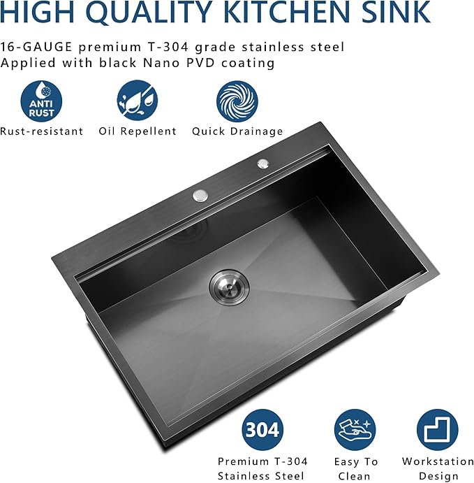 33 Inch Drop In Black Kitchen Sink, Doirteal 33x22 Inch Top Mount Kitchen Sink 16 Gauge Gunmetal Black Stainless Steel Single Bowl Workstation Sinks 33 Drop In Sinks