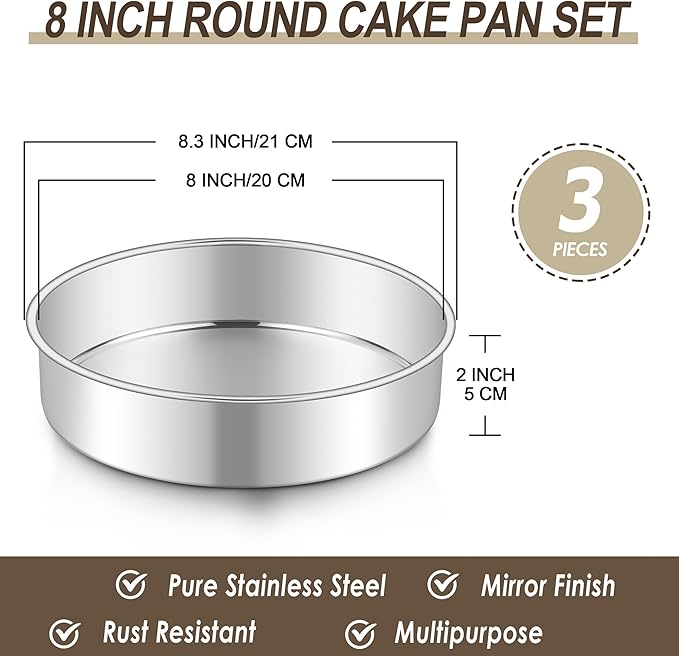 Homikit Round Cake Pan Set of 3, 8 Inch Stainless Steel Layer Cake Tins for Baking, Mirror Finish Bakeware for Wedding Birthday Baby Shower Party, Oven & Dishwasher Safe
