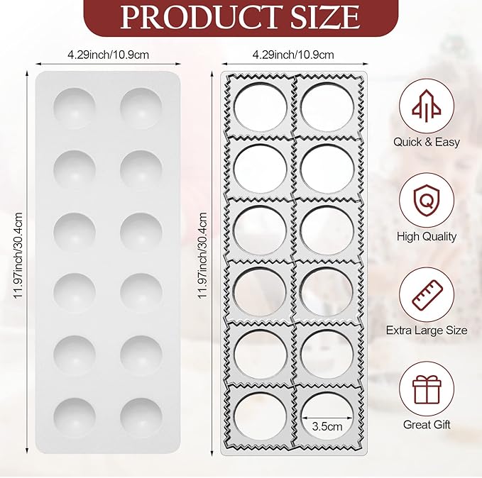 Gerrii 2 Sets Ravioli Mold Extra Large Ravioli Maker Press 12 Holes 1.5 Inch Round Russian Dumplings Making Kit Square Double Dumplings Cutter Pastry Wheel Cutter Pasta Tools for Kitchen