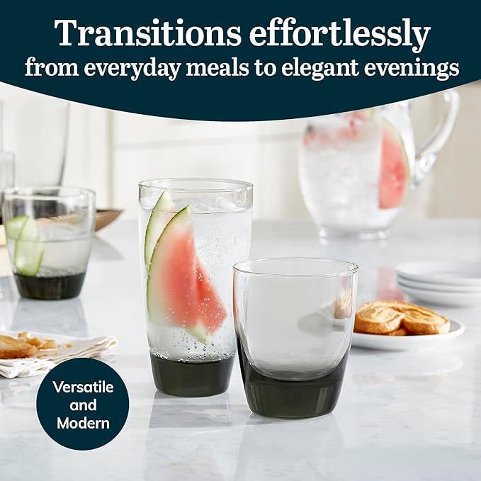 Libbey Classic Rocks and Tumbler Glasses Set of 16, Smoke Hue, Lead-Free Water Glasses, Dishwasher Safe Drinking Glasses Set