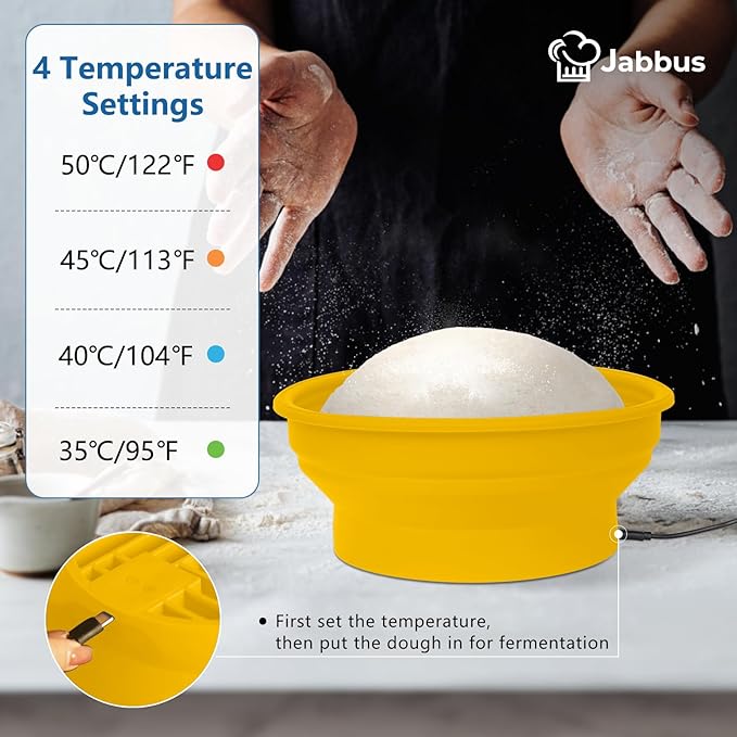 Electric Heating Bread Proofing Basket, Sourdough Starter Warmer - 4 Heat Settings, Foldable 9-Inch Sourdough Starter Kit, Silicone Banneton Basket-Multipurpose for Warming Pet Food, Yellow