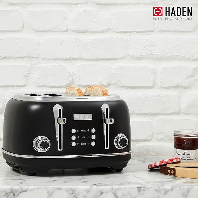 Haden Heritage 4 Slice Wide Slot Stainless Steel Toaster with Adjustable Browning Control & Non-Slip Feet, Black & Chrome