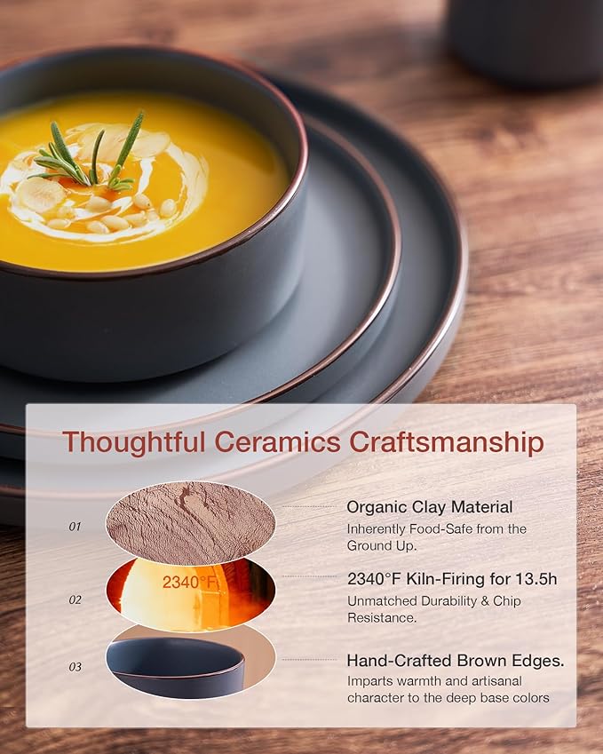 Famiware Nebula Ridge Stoneware Dinnerware Sets for 8, 24 Pieces Plates and Bowls Sets, Dishes Set, Microwave and Dishwasher Safe Kitchen Plates, Charcoal