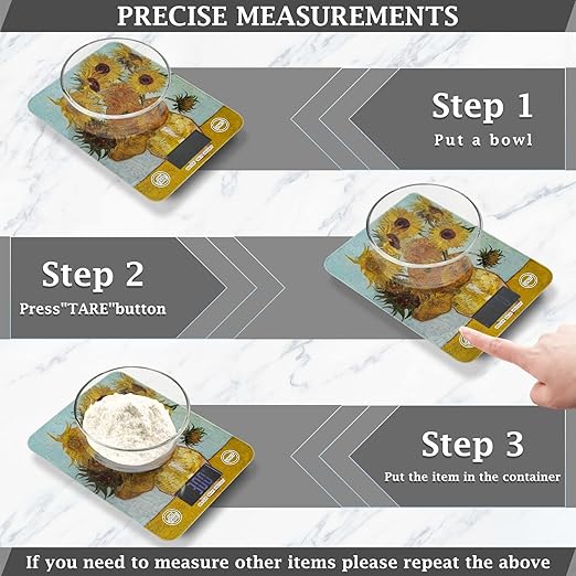 Food Scale Kitchen Digital Scale Food Ounces and Grams Dieting Baking Cooking Waterproof Glass Panels LCD Display,4 Units Scale Tare Function Vangogh Sunflower Yellow