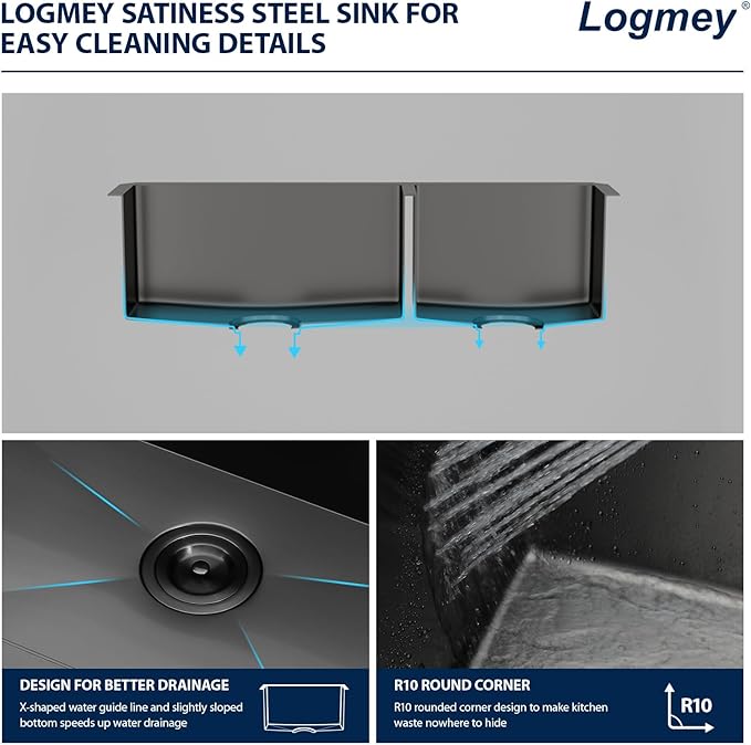 Logmey 33x19 Gunmetal Black Undermount Double Sink - 60/40 Double Bowl Stainless Steel Sink