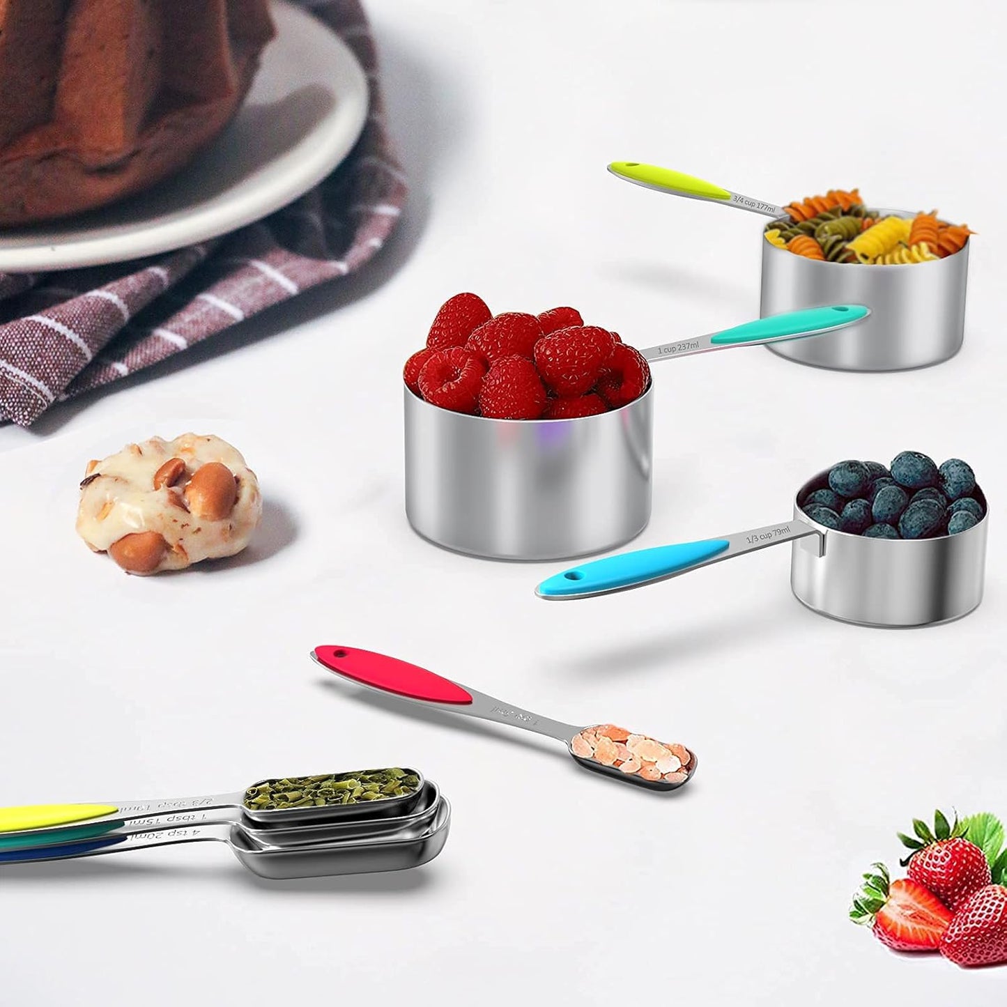 Measuring Cups and Measuring Spoons Set, Wildone Stainless Steel 8 Measuring Cups, 10 Measuring Spoons, 1 Leveler 1 Whisk & 5 Mini Spoons, for Dry and Liquid Ingredient - 25 Piece Multicolor