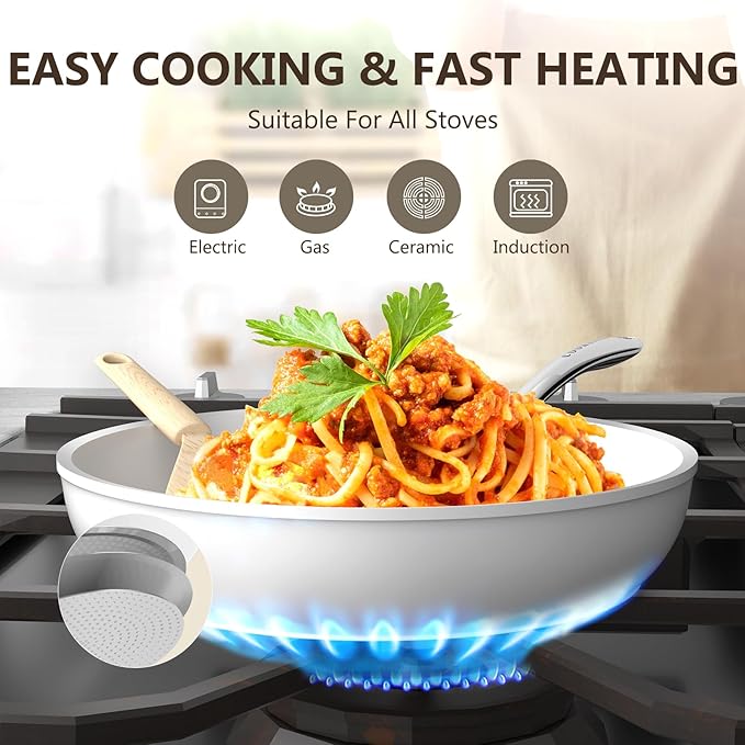 COOKSMARK Nonstick Ceramic Cookware Set, Induction & Dishwasher Safe Scratch-Resistant Pots and Pans Set with Glass Lids 10 Pieces, White